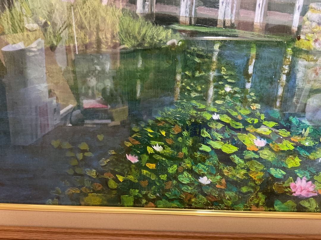 油彩画　「　ハスと太鼓橋　」　原画　額付　P10号