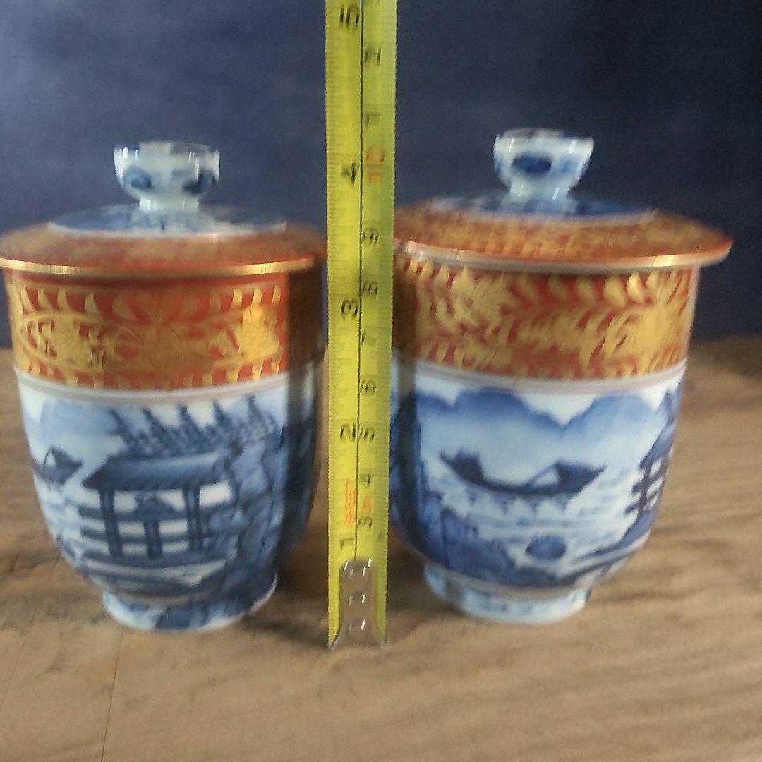 京焼 清水焼 金襴青華山夫婦茶碗 五座五重 2点セット 京