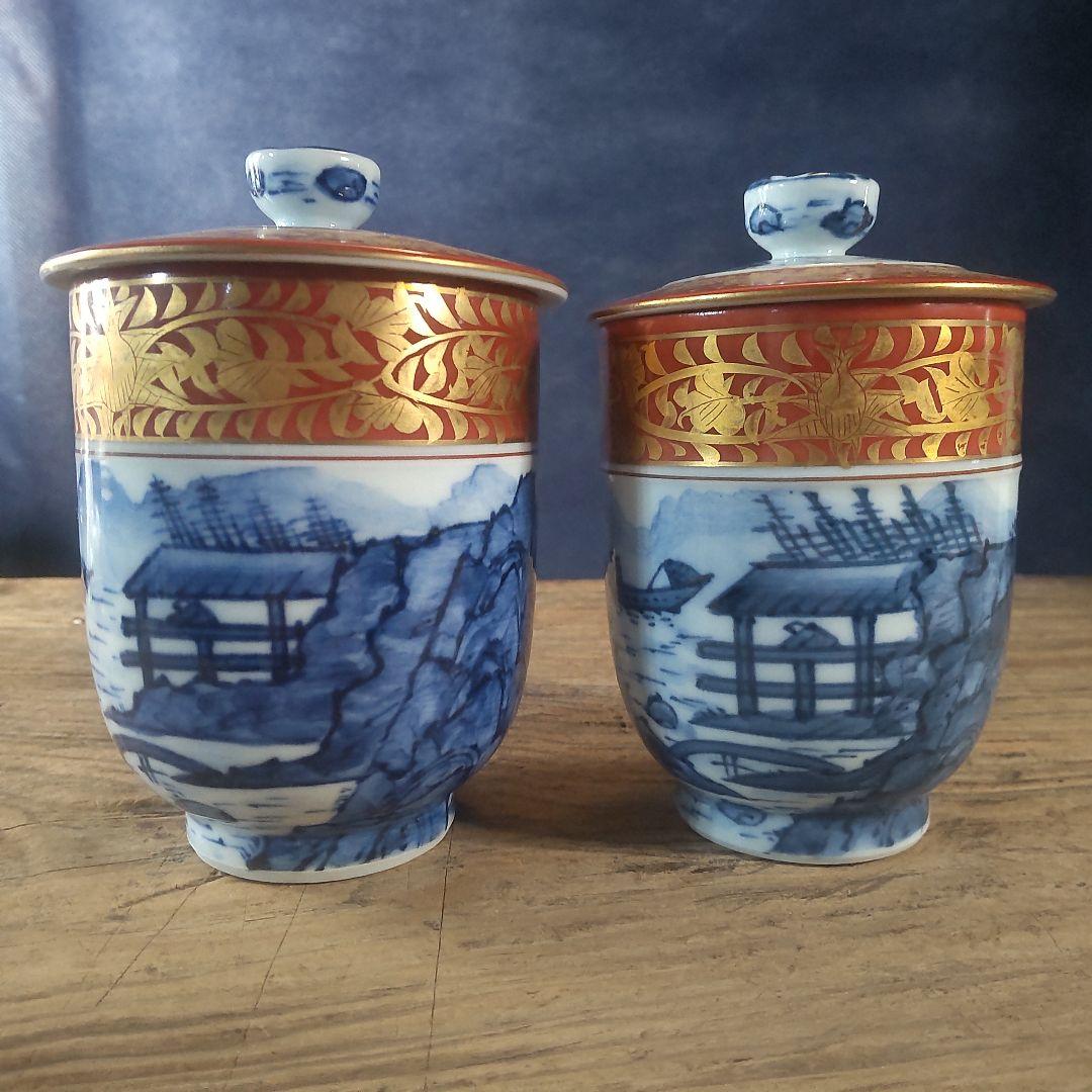 京焼 清水焼 金襴青華山夫婦茶碗 五座五重 2点セット