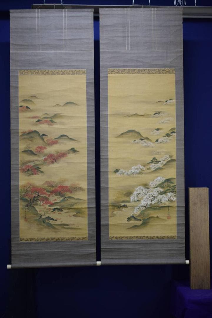 真作/狩野探信/春秋図/双幅/布袋屋掛軸HＣ-906