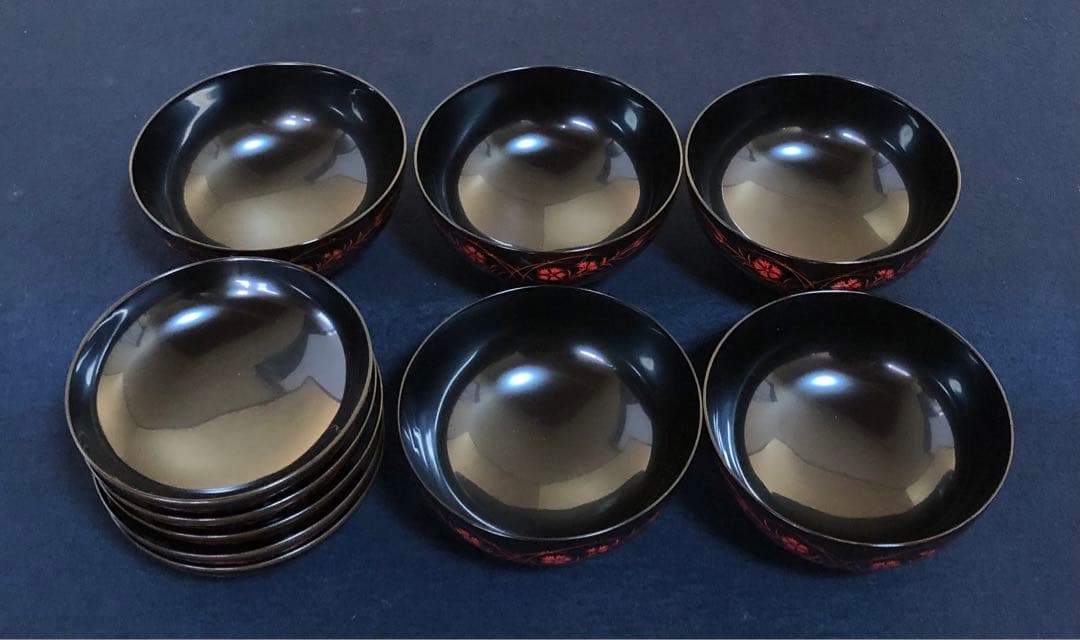 《レ》秋草蒔絵 吸物椀5客 在銘 木製漆器 時代 共箱　251104う3