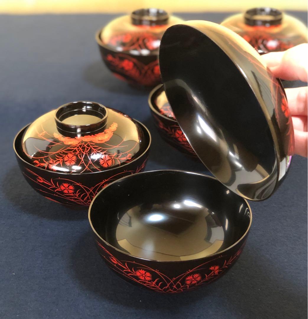 《レ》秋草蒔絵 吸物椀5客 在銘 木製漆器 時代 共箱　251104う3