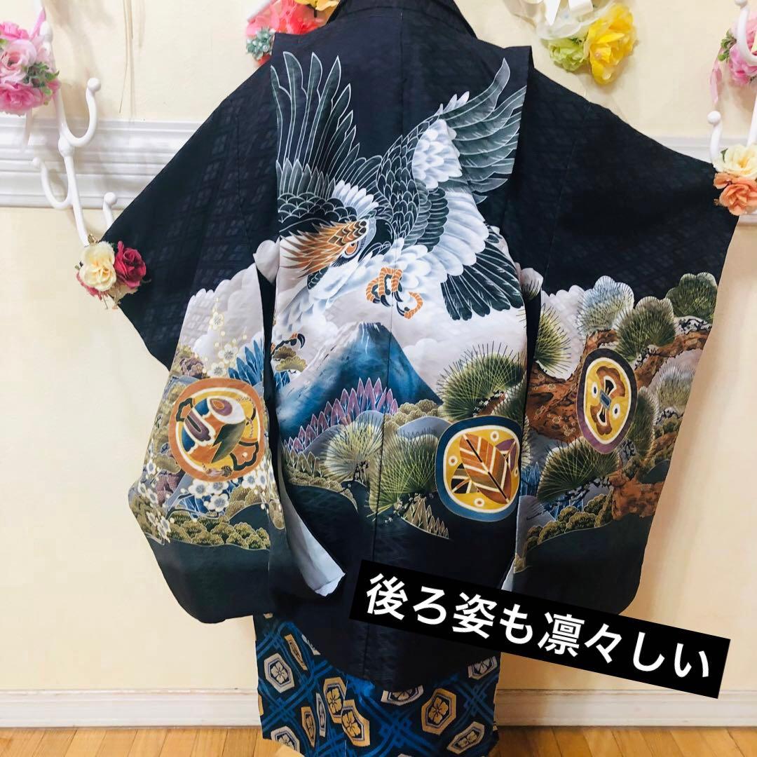 七五三五歳フルセット‼️黒地暈し⭐︎鷹凛々しい⭐︎金蘭袴煌びやか極めてる⭐︎逸品