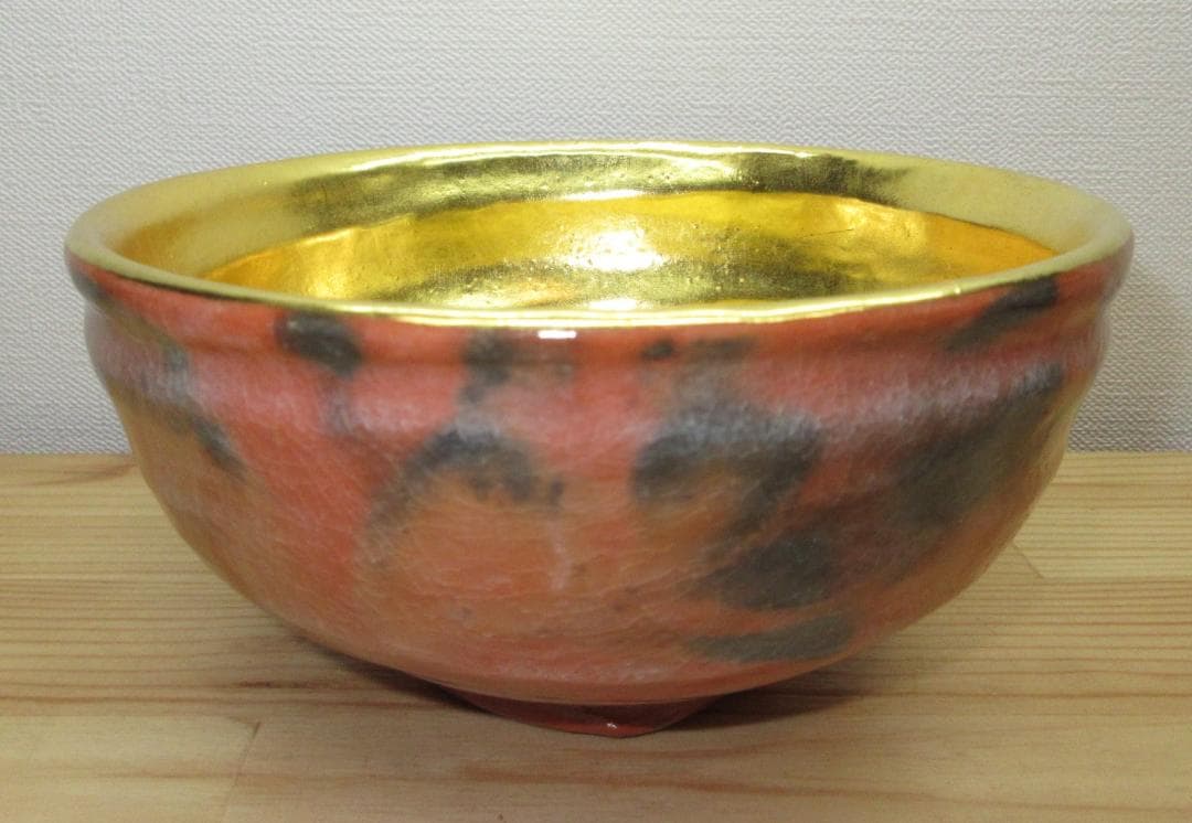 送料込【逢絢亭】茶道具 嶋台茶碗 楽焼 赤楽 金銀一双 佐々木松楽 共箱入り