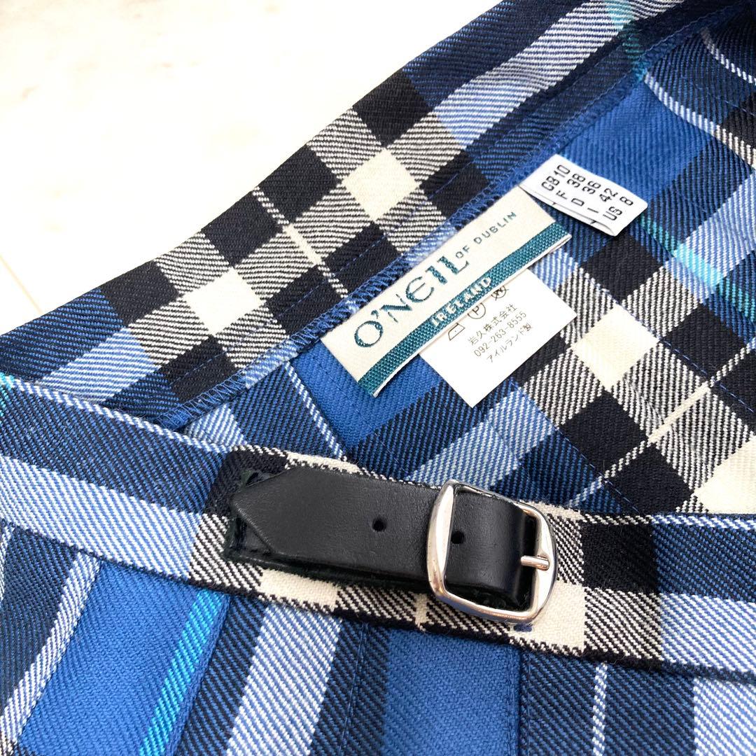極美品 オニールオブダブリン プリーツ キルトスカート チェック L ブルー