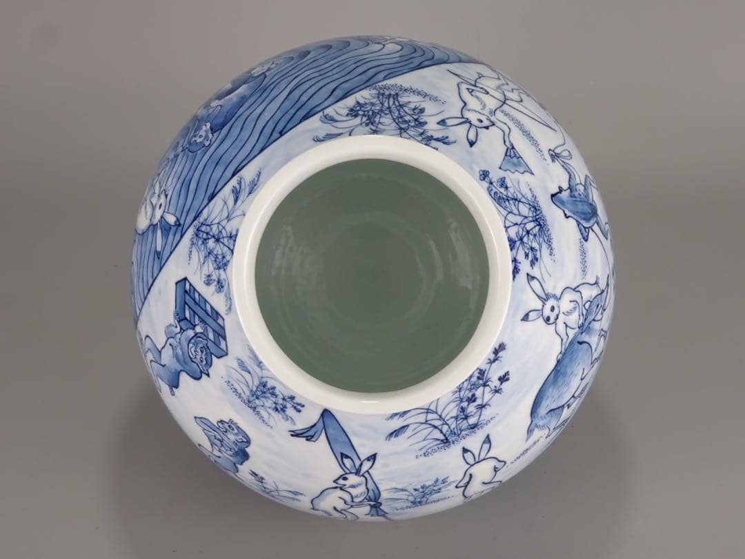 有田焼 名工 村上玄輝 秀逸作 染付 鳥獣戯画図写 花瓶 共箱