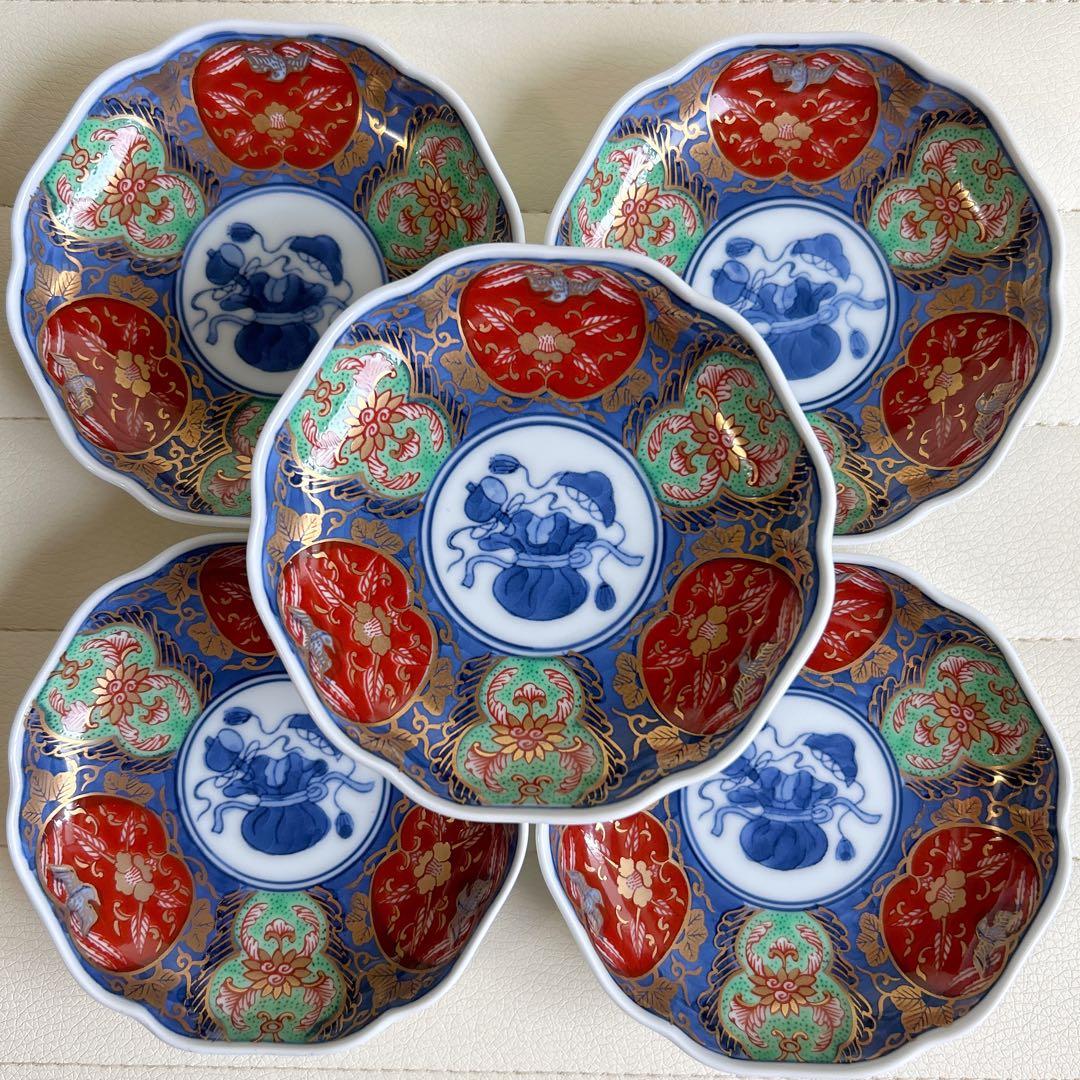 有田焼藤太郎窯古染地紋花鳥盛皿揃5枚セット中皿染付古伊万里変形皿