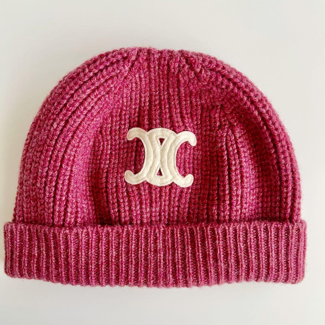 CELINE セリーヌ ニット帽 カシミヤ トリオンフ ピンク ロゴ