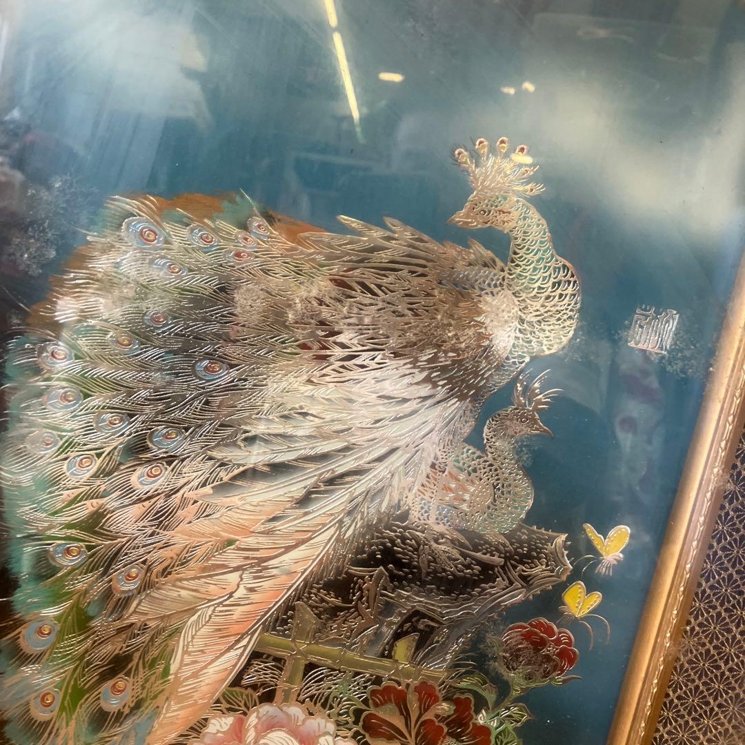 昭和レトロ 孔雀 花 花鳥 立体画 絵画 アート インテリア レトロ