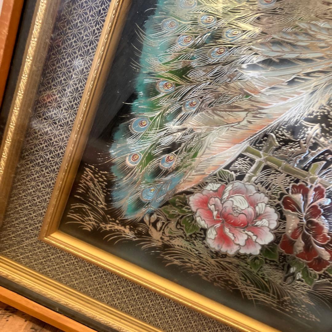 昭和レトロ 孔雀 花 花鳥 立体画 絵画 アート インテリア レトロ