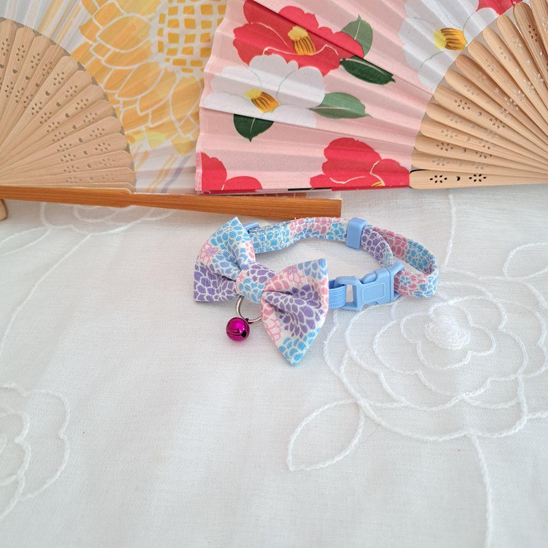 お正月仕様(水色②)つまみ細工付き和風リボン、わんちゃん猫ちゃん用