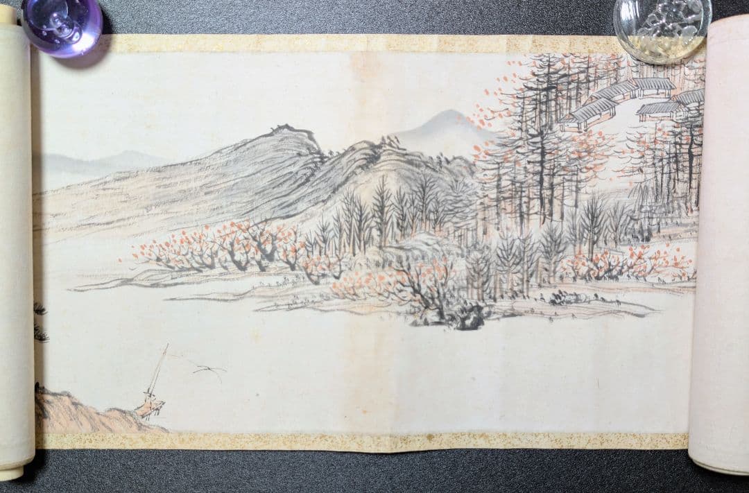 疎林秋晩 落款 銘あり 巻物 支那 紙本 風景 山水 肉筆 中国美術