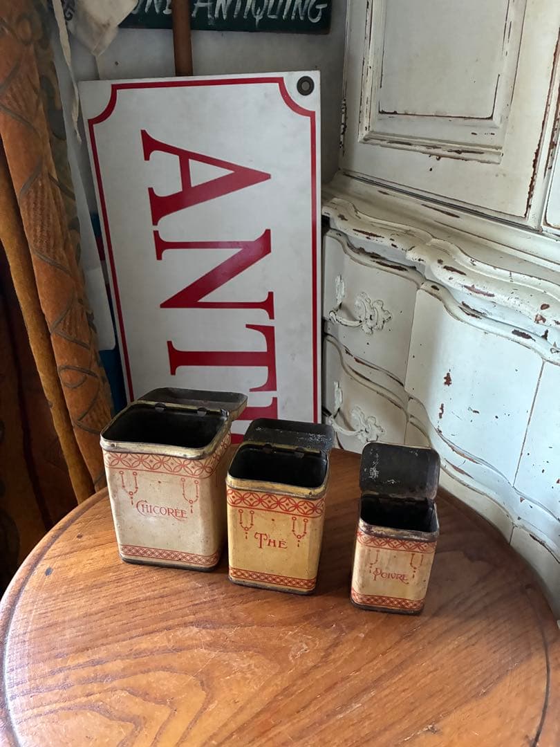 フランス アンティーク ティン缶 キャニスター 小物入れ チェック 赤 100年