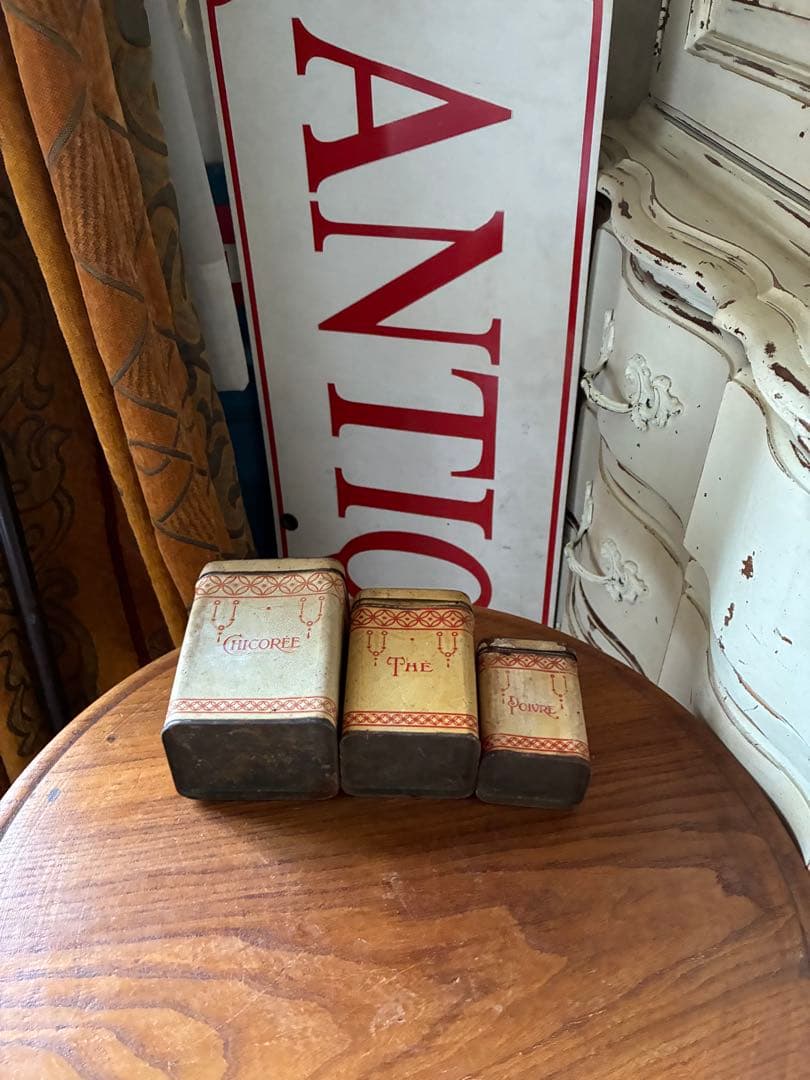 フランス アンティーク ティン缶 キャニスター 小物入れ チェック 赤 100年