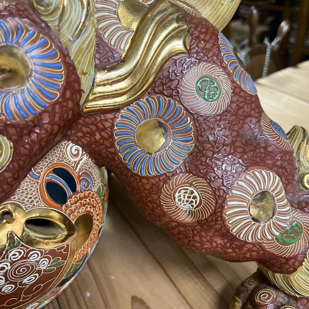 陶器製 獅子像 置物　赤金　九谷焼　美品