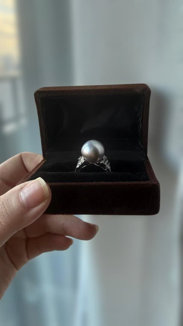 【本真珠】14mm超大珠 タヒチ黒蝶真珠 プラチナグレー リング 豪華18kGP