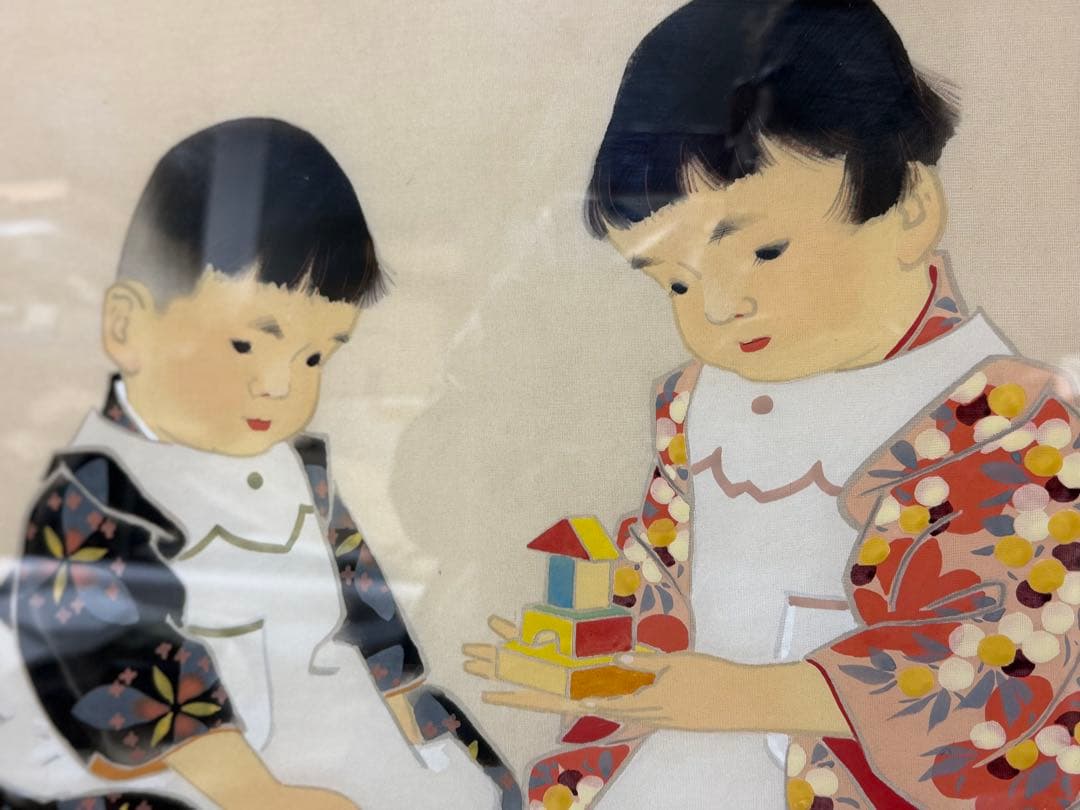 S3 日本画 田中針水 絹本 額装 児童絵