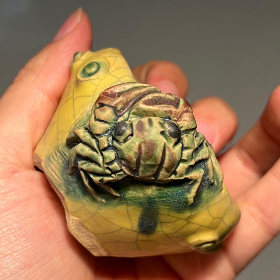 725.古本正志 黄釉蟹彫鼓鉢丸鉢 盆栽鉢 植木鉢 7.5*4.2cm