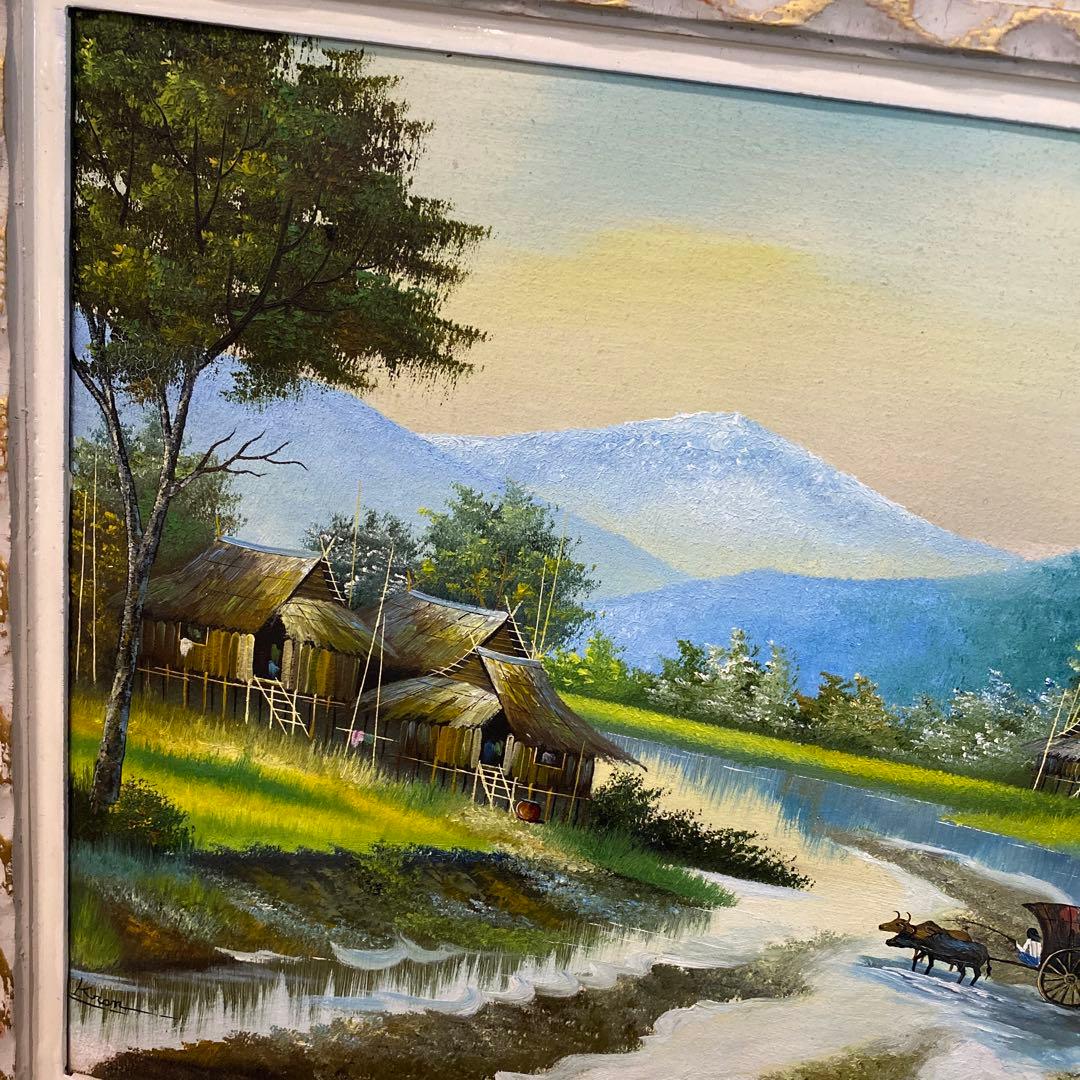 額縁付き日本田舎風景画 水彩画