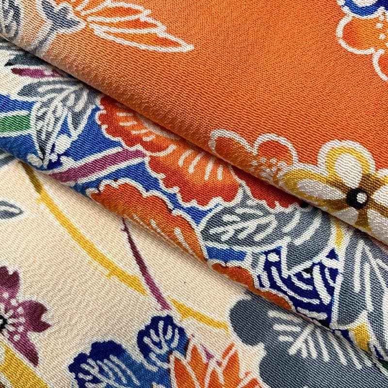 412ag66□七五三 七歳 女児 着物&袋帯 縮緬地 型染 紅型風□状態良好u