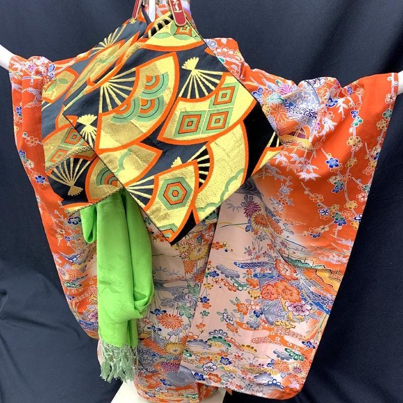 412ag66□七五三 七歳 女児 着物&袋帯 縮緬地 型染 紅型風□状態良好u