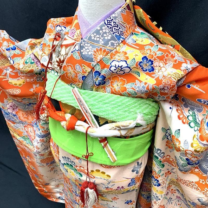 412ag66□七五三 七歳 女児 着物&袋帯 縮緬地 型染 紅型風□状態良好u