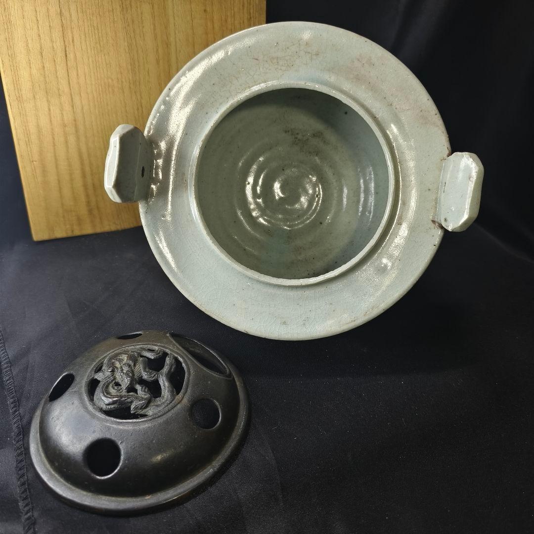 李朝骨董 古銅蓋青磁香炉 貫入入り 朝鮮王朝 古美術品 桐箱 コレクター