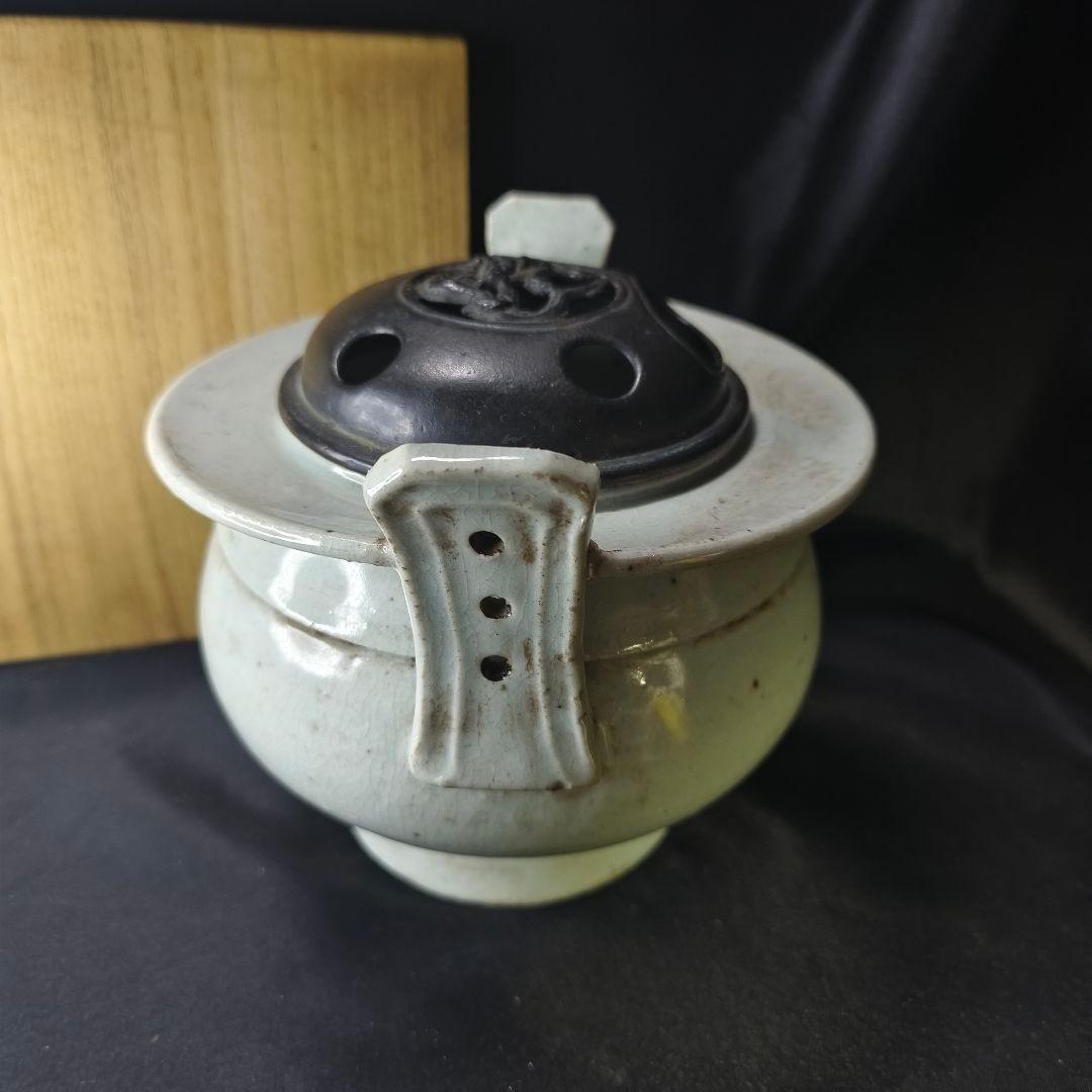 李朝骨董 古銅蓋青磁香炉 貫入入り 朝鮮王朝 古美術品 桐箱 コレクター