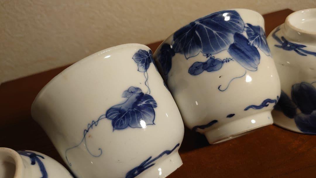 李朝　白磁　染付　蔓草文様　古染付　アンティーク李朝　蔵出し　鑑賞陶器　４客