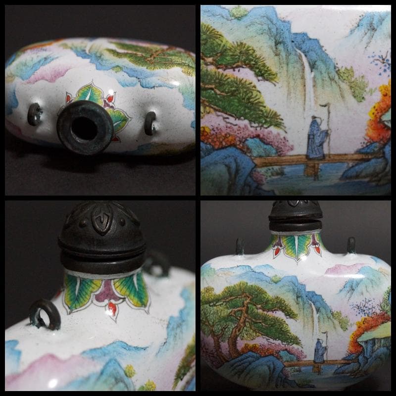 清 乾隆年製 銅胎 琺琅彩『山水風景楼閣人物図』 鼻煙壺 時代物