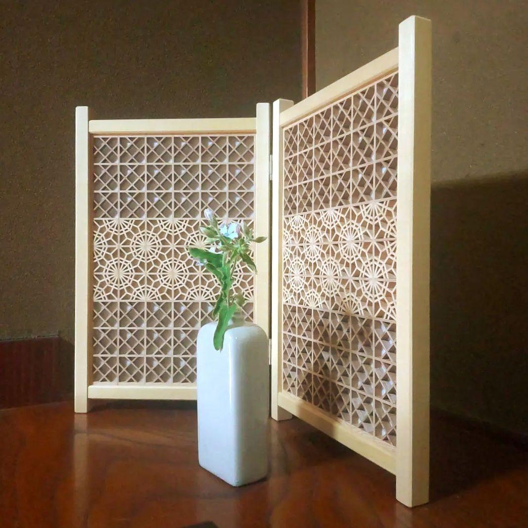 古い竹簾屏風 衝立 目隠し 四つ折り 透かし彫り 古民家 古道具 高級 桑