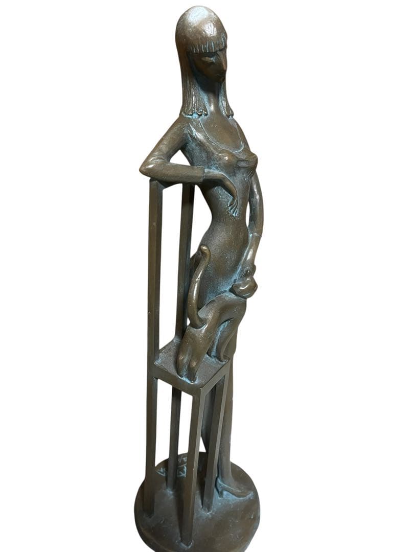 中古】ブロンズ像「自分の時間」長房一洋作 女性と猫のブロンズ彫刻