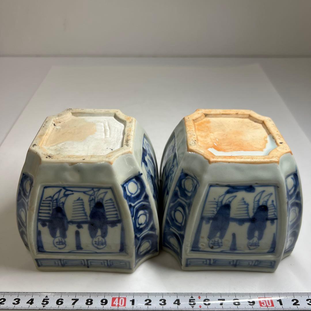 古伊万里　染付角火入一対　木箱付　幅約10㎝　東Y7-0620④タトチ