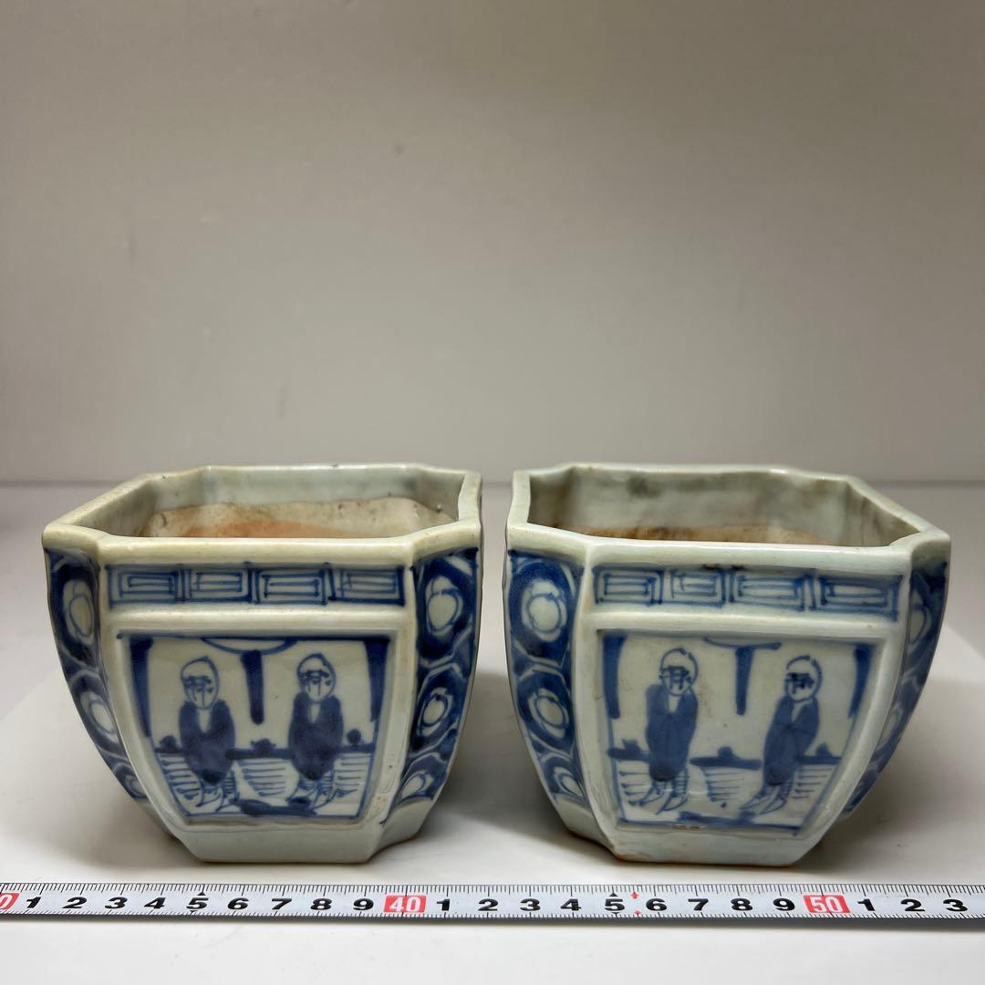 古伊万里　染付角火入一対　木箱付　幅約10㎝　東Y7-0620④タトチ