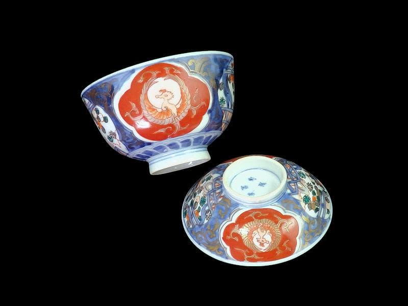 古伊万里　金襴手　鳳凰に果実の図　蓋茶碗　２客　D830AS-fbti