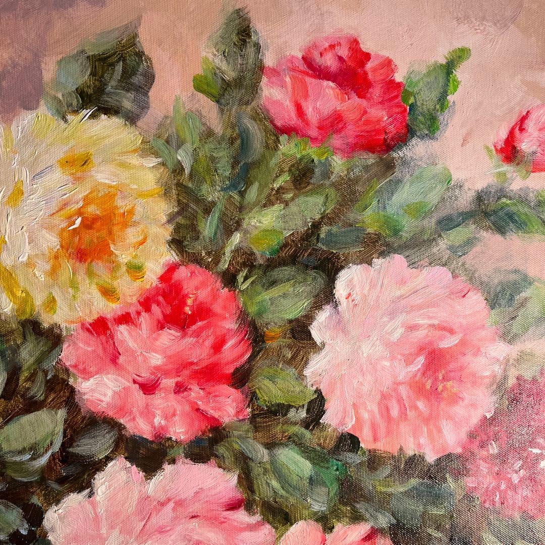 ★特大秀作★ 手書き油絵 花瓶の花 肉筆絵画 額付き インテリア 油彩画