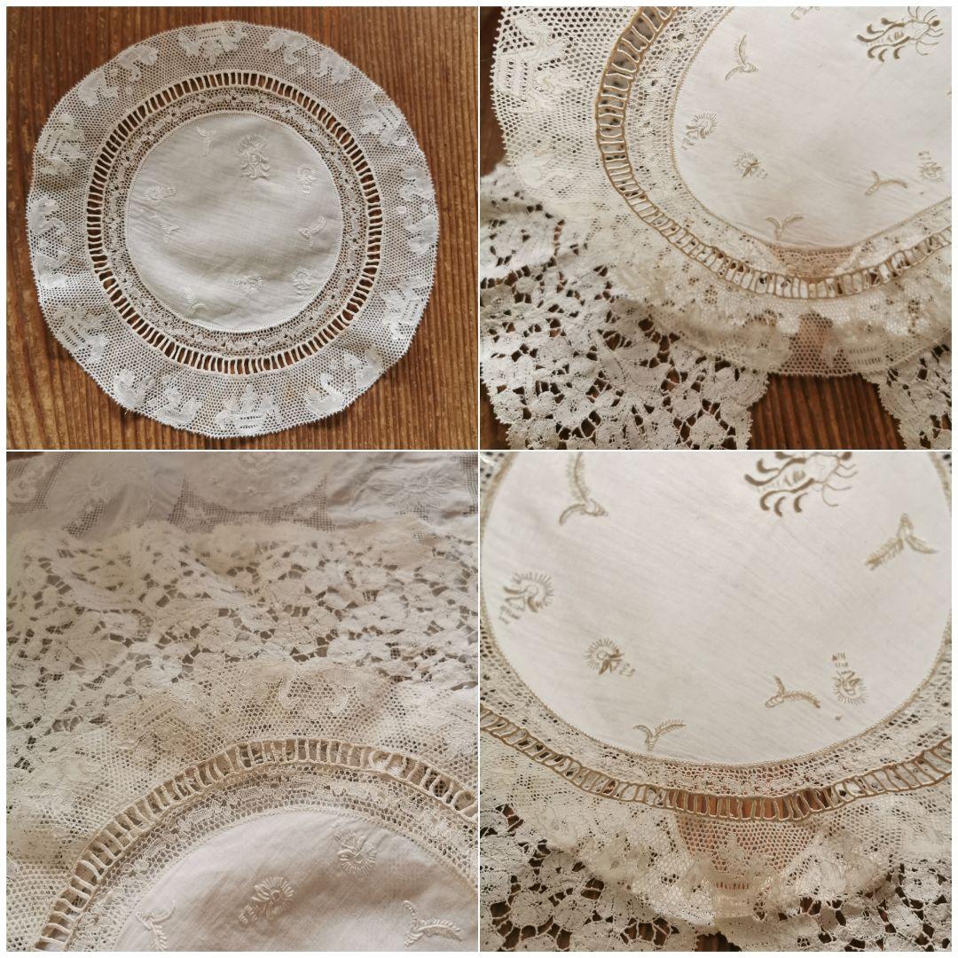 アンティーク 蛍 白鳥 手刺繍リネンドイリー ポワンドパリ 淡い