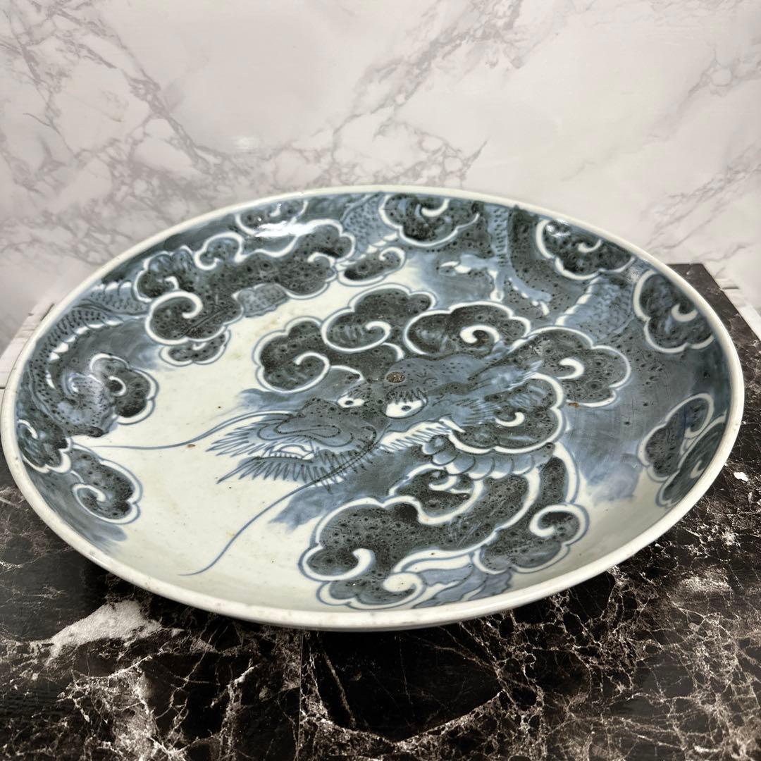 染め付け、雲竜、大皿。珍品。サービス、箱付き！。