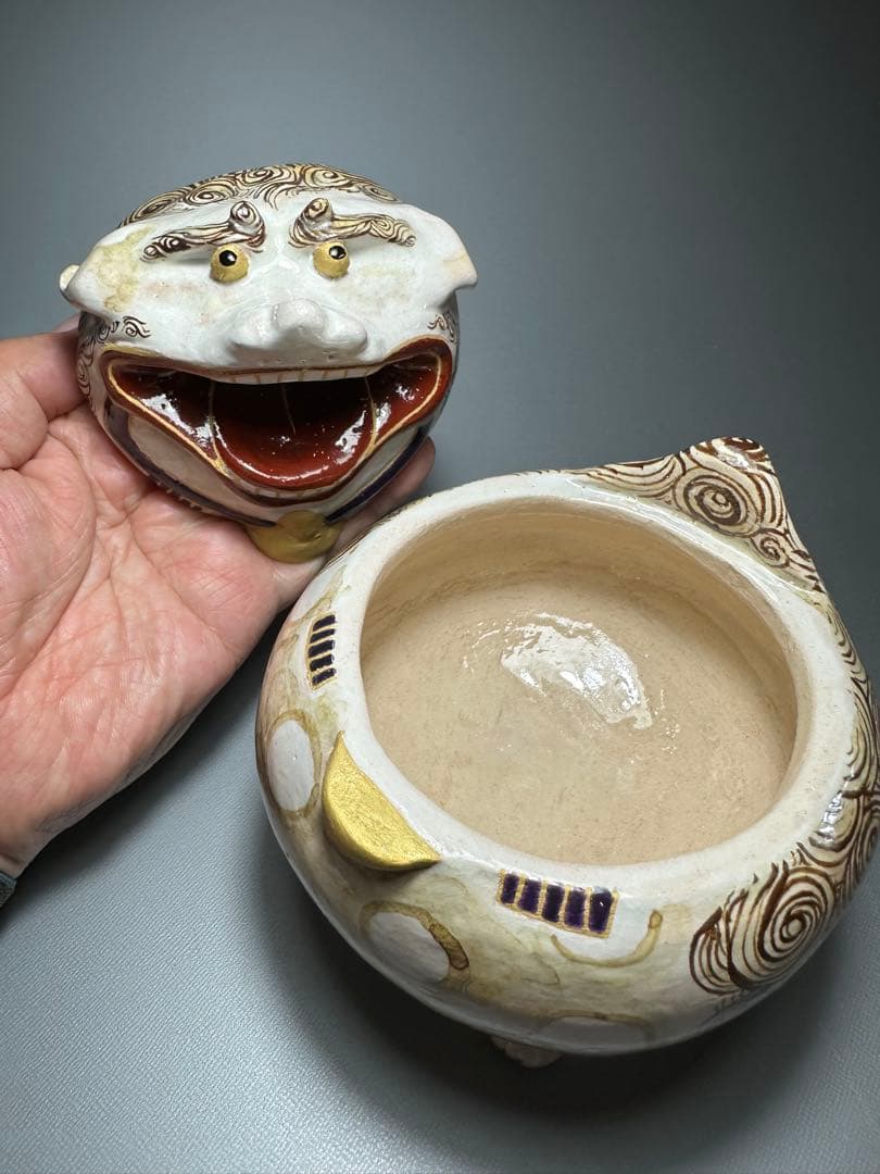 乾山　獅子　香炉　山崎窯　浅野紫仙　作　共箱　黄布　茶道具