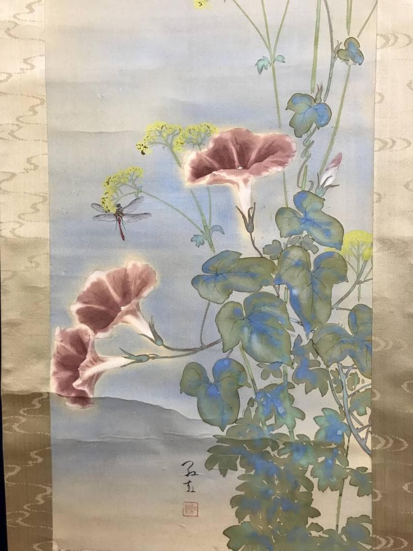 真作/雑喉紅朝/朝顔/オミナエシトンボ図/夏の花図/掛軸/名家
