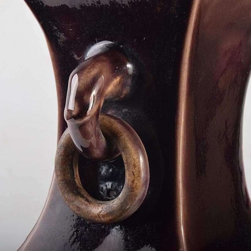 交趾焼　紫交趾　龍文　遊環双耳四方瓶　M　R7672B