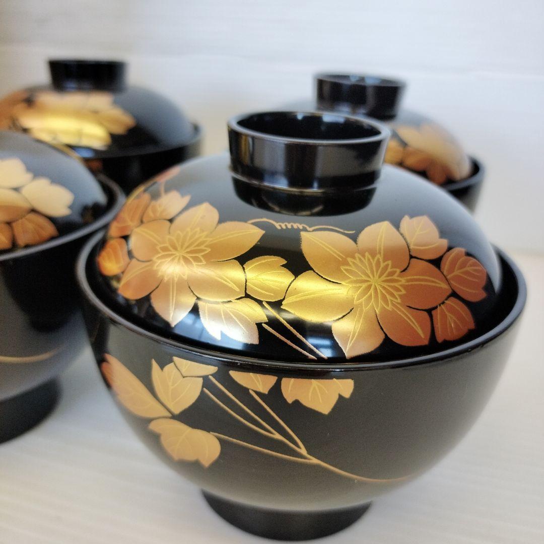 会津塗 乙造作 金彩蒔絵 本漆塗仕上げ 蓋付き 吸物椀 5客 (