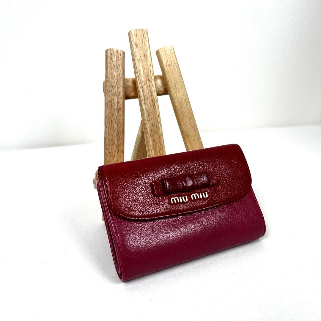 ミュウミュウ 折り財布 ロゴプレート リボン バイカラー レザー