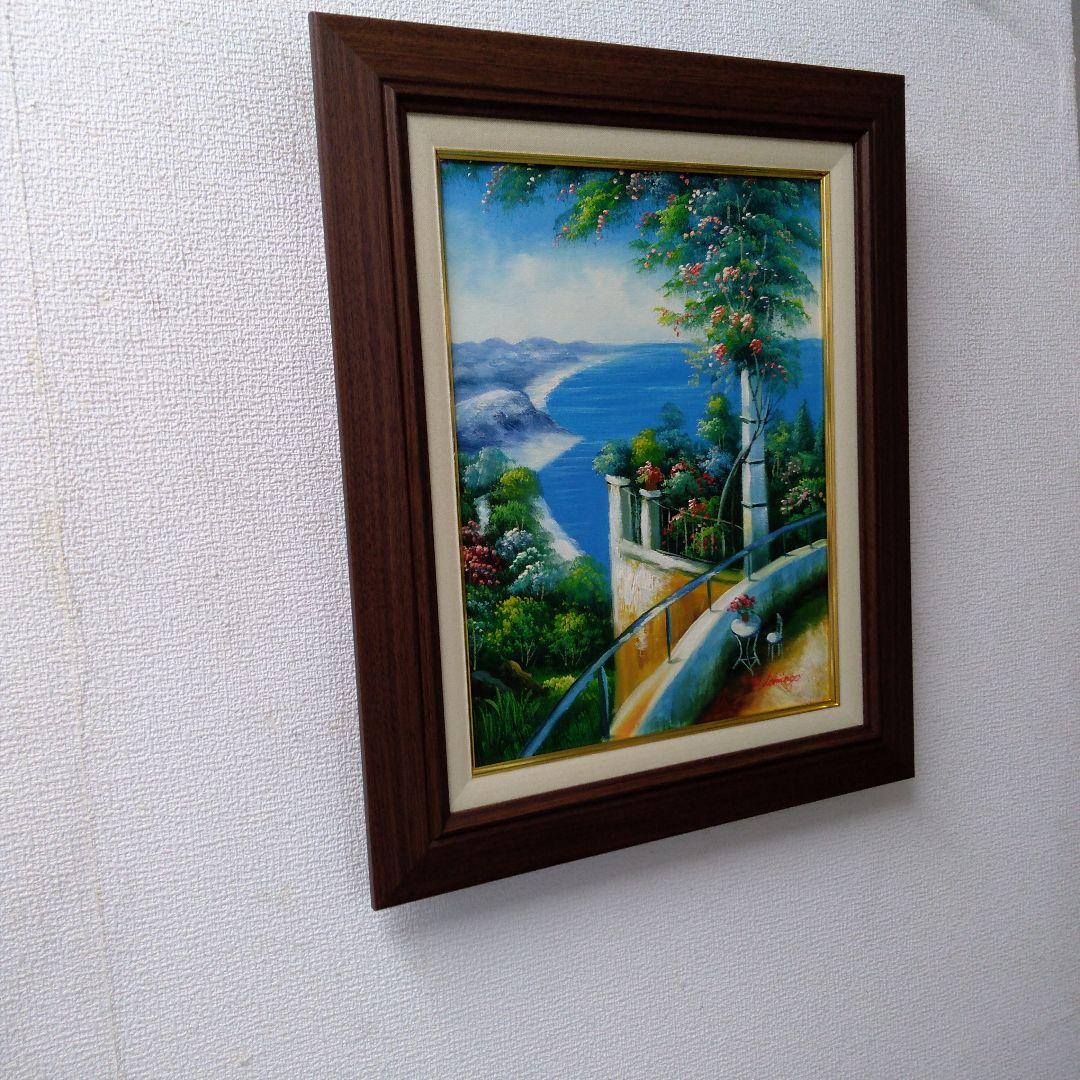 肉質油絵　立て　F6 バルコニーからの眺め　額装仕上げ品