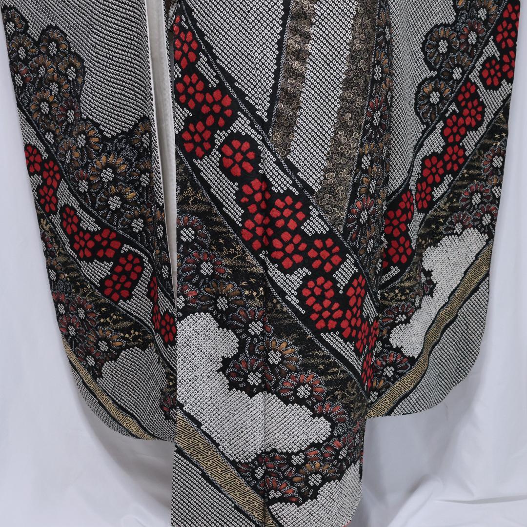 総絞り黒振袖7点セット□166.5cm帯新品帯締め帯揚げフルセット