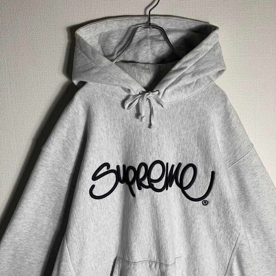 SUPREME プルオーバーパーカー ビッグロゴ 刺繍 アッシュグレー L.