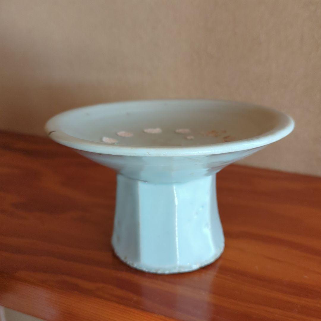 青磁 花模様 陶器皿 木箱付き 分院窯作 李朝面取台