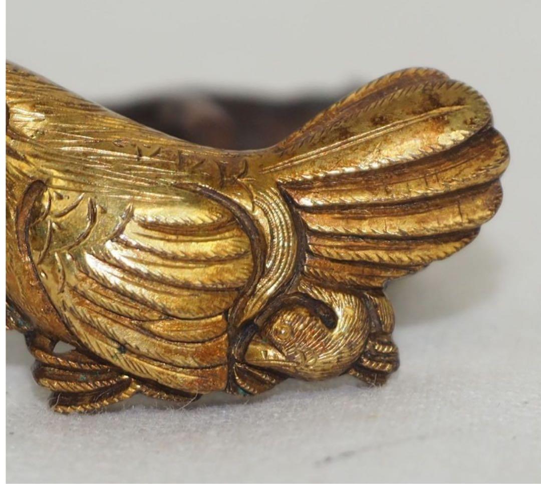 送料無料コレクター放出江戸時代『政義』作　金着せ鶏目貫2点刀装具木箱付大名道具