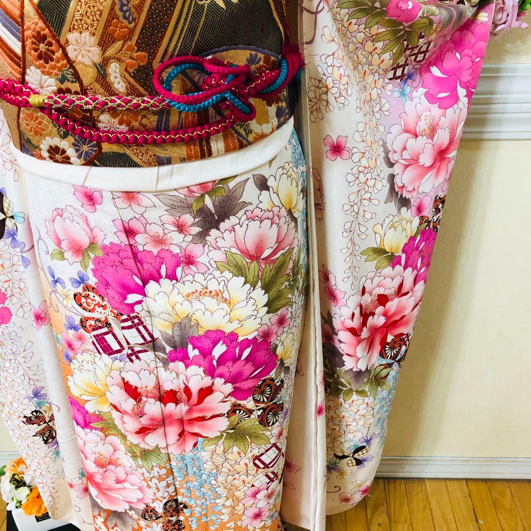 振袖フルセット‼️振袖ブランドLakokuIa❤️白地ピンク花々金彩 小物付