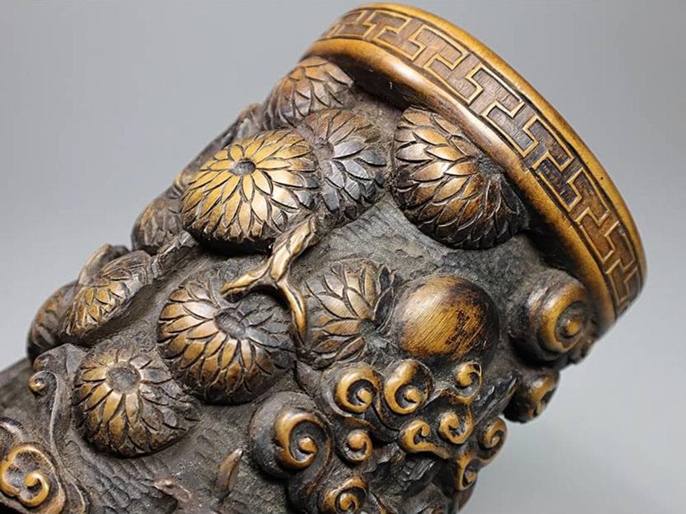 竹】 ☆ 竹木 唐竹彫玉兎搗葯紋筆筒 ☆ 李朝期 月兎